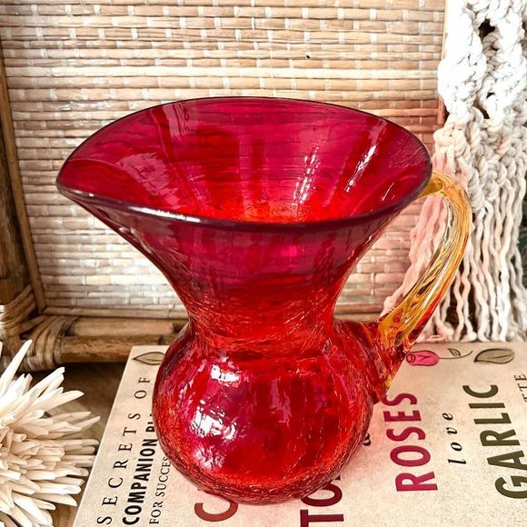 Vintage Rare Rainbow Amberina Crackle Glass Stubby Chunky Pitcher - Picture 2 of 9